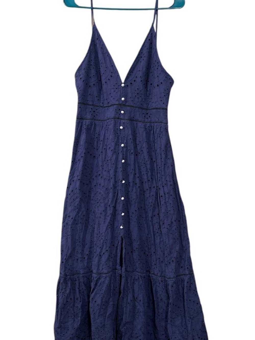 Simple Navy Eyelet Button-Front Maxi Dress